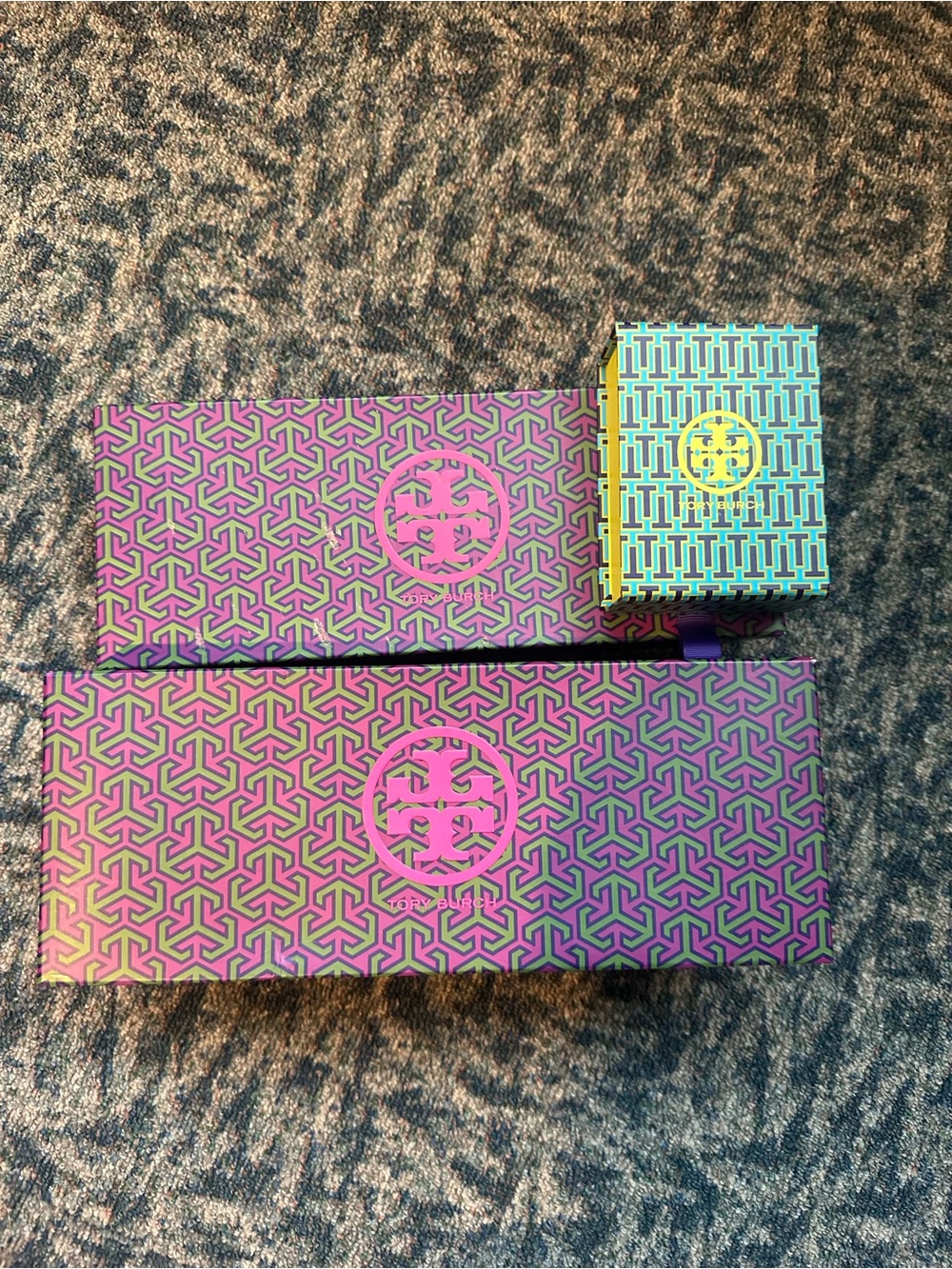 Tory Burch Pink Logo Pattern Gift Boxes with Teal Accent
